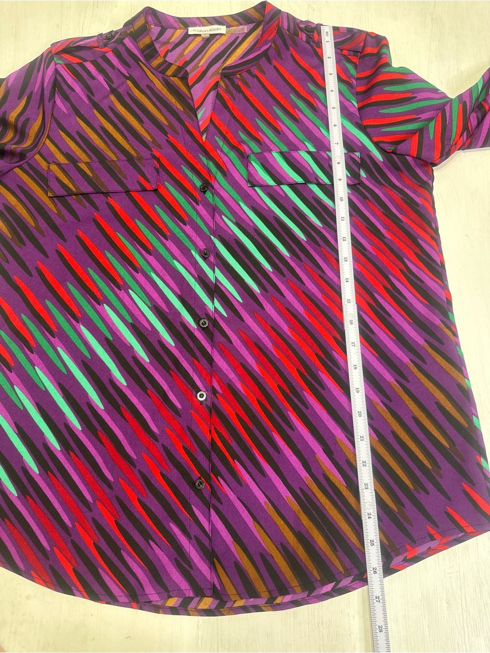 Calvin Klein Women’s L Purple Abstract Semi Sheer Button Front Blouse Top - Picture 6 of 11